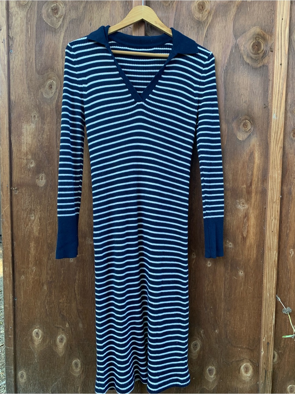 Striped Navy and White Knit Cotton Bodycon V-neck Dress
